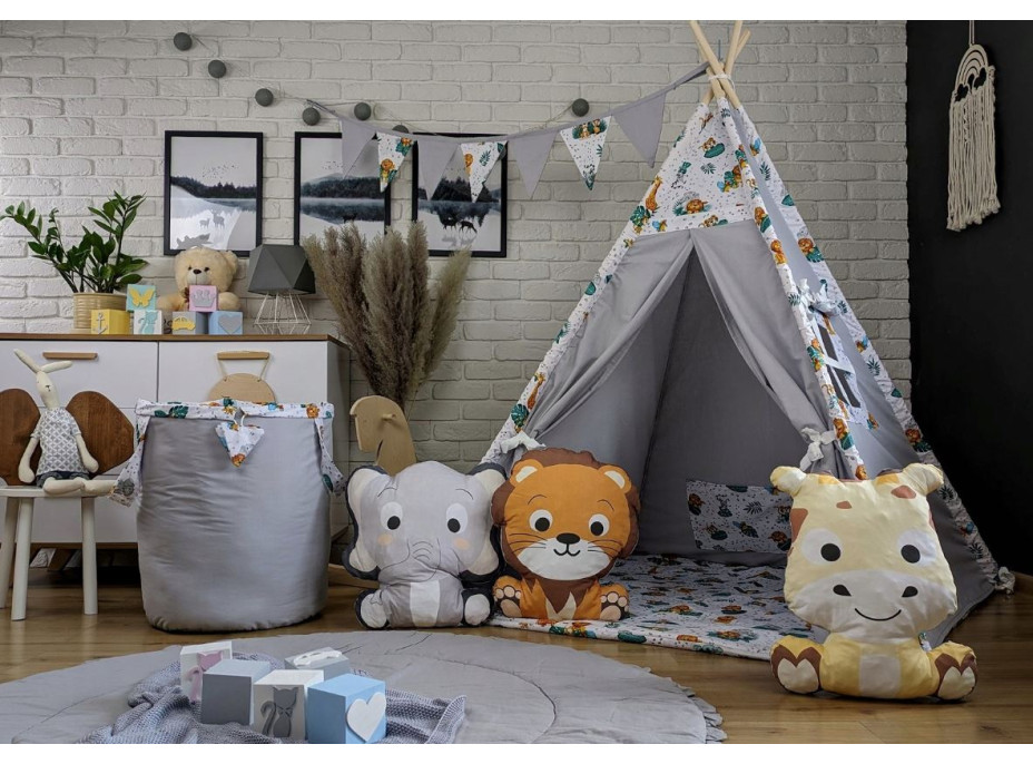 Dětský stan TEEPEE (TÝPÍ) ANIMALS s doplňky - JUNGLE - šedý