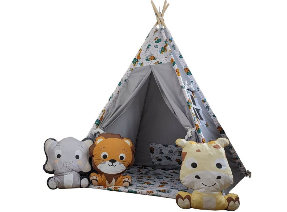 Dětský stan TEEPEE (TÝPÍ) ANIMALS s doplňky - JUNGLE - šedý