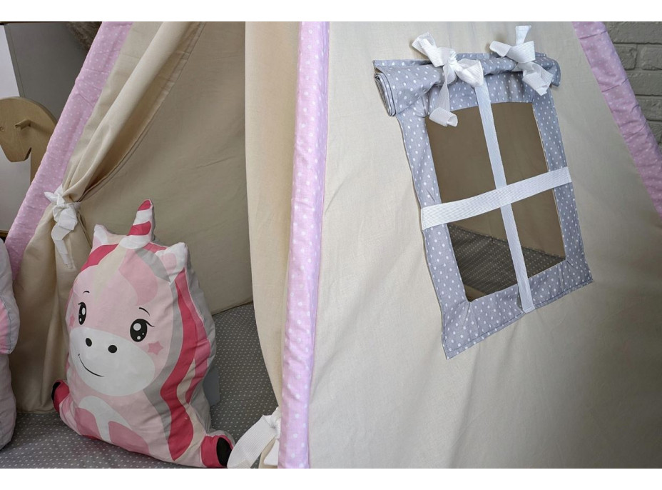 Dětský stan TEEPEE (TÝPÍ) ANIMALS s doplňky - LAMA A KAMARÁDI - béžový/růžový/šedý