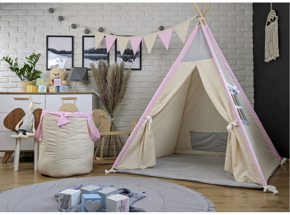Dětský stan TEEPEE (TÝPÍ) ANIMALS s doplňky - LAMA A KAMARÁDI - béžový/růžový/šedý