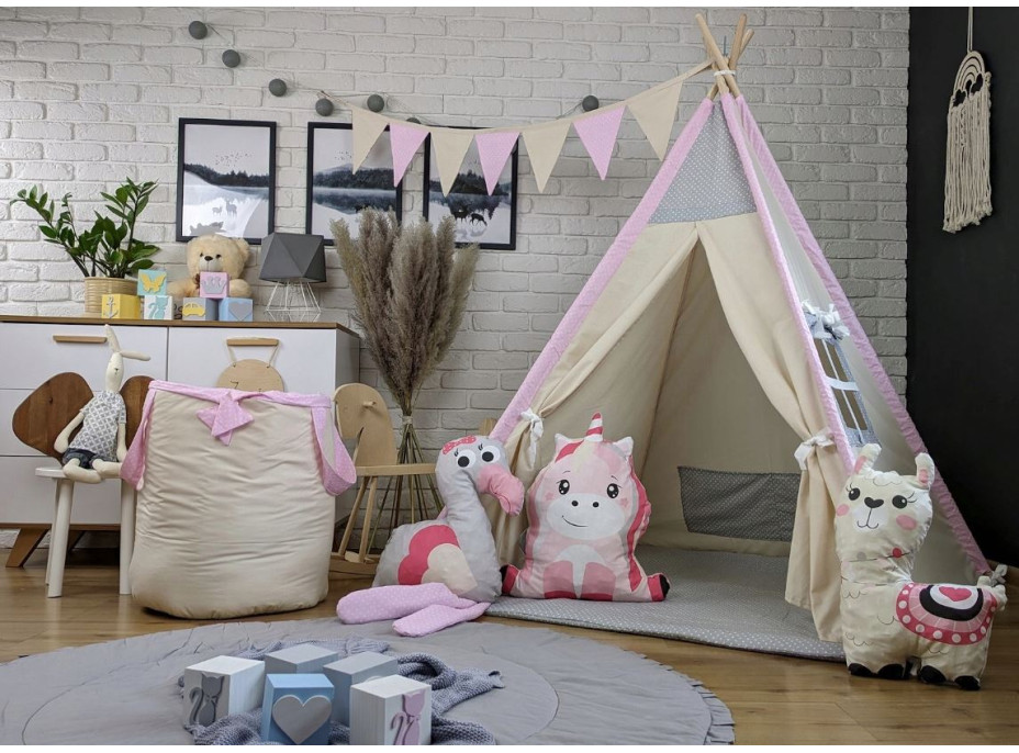 Dětský stan TEEPEE (TÝPÍ) ANIMALS s doplňky - LAMA A KAMARÁDI - béžový/růžový/šedý