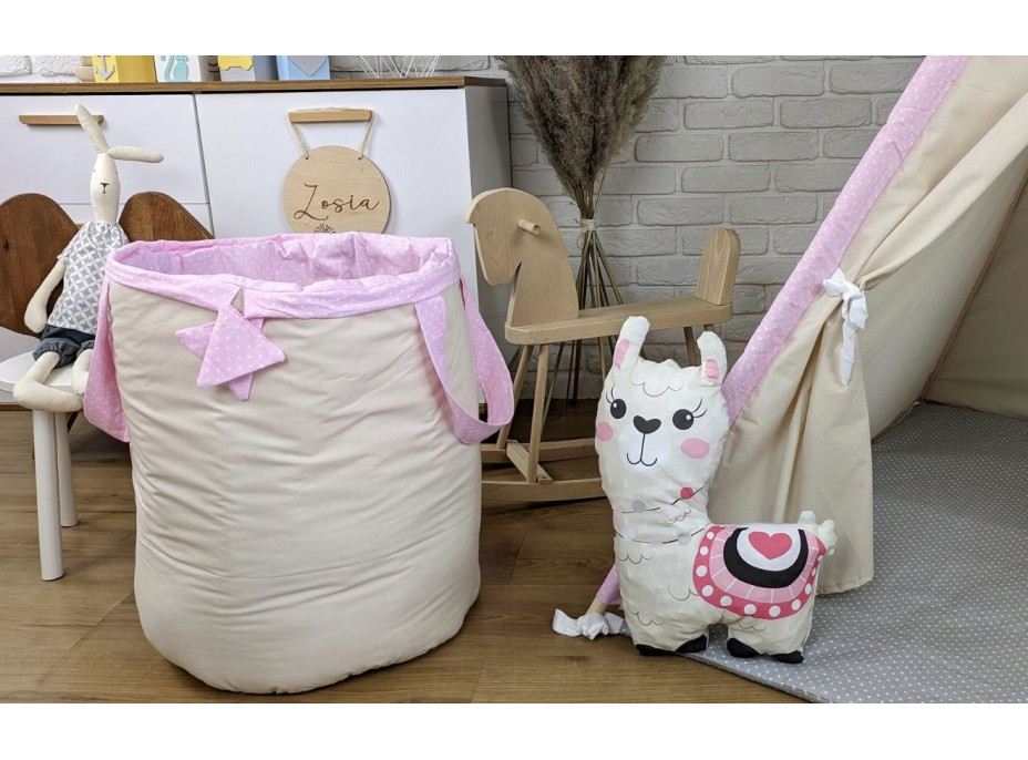 Dětský stan TEEPEE (TÝPÍ) ANIMALS s doplňky - LAMA A KAMARÁDI - béžový/růžový/šedý
