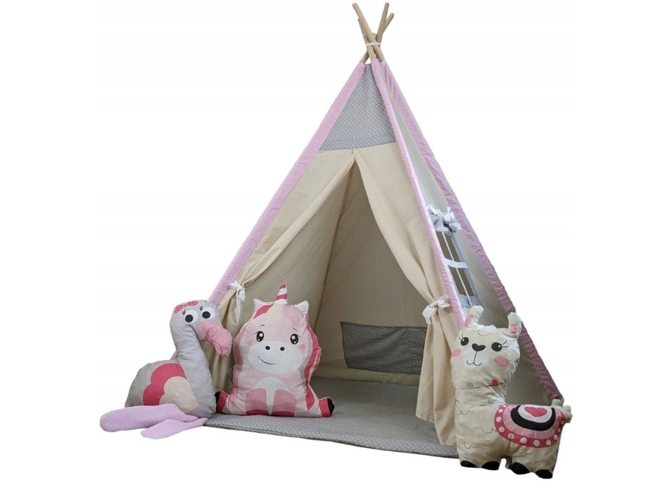 Dětský stan TEEPEE (TÝPÍ) ANIMALS s doplňky - LAMA A KAMARÁDI - béžový/růžový/šedý