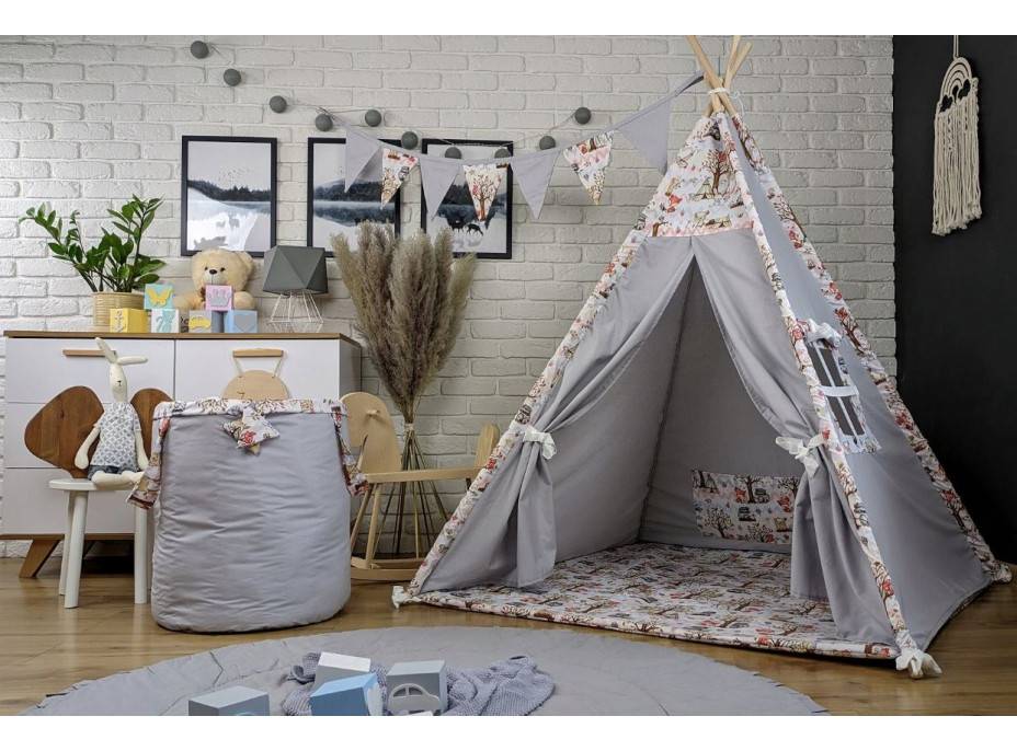 Dětský stan TEEPEE (TÝPÍ) ANIMALS s doplňky - LES - šedý
