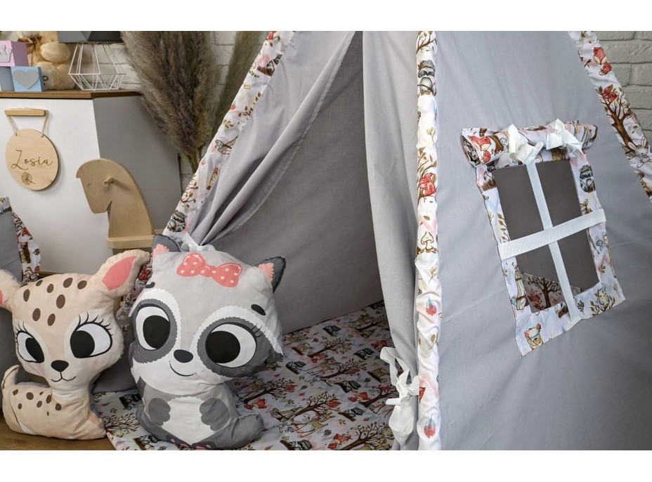Dětský stan TEEPEE (TÝPÍ) ANIMALS s doplňky - LES - šedý