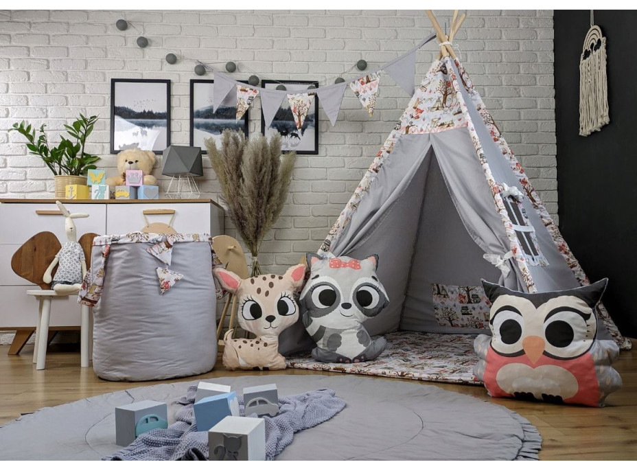 Dětský stan TEEPEE (TÝPÍ) ANIMALS s doplňky - LES - šedý