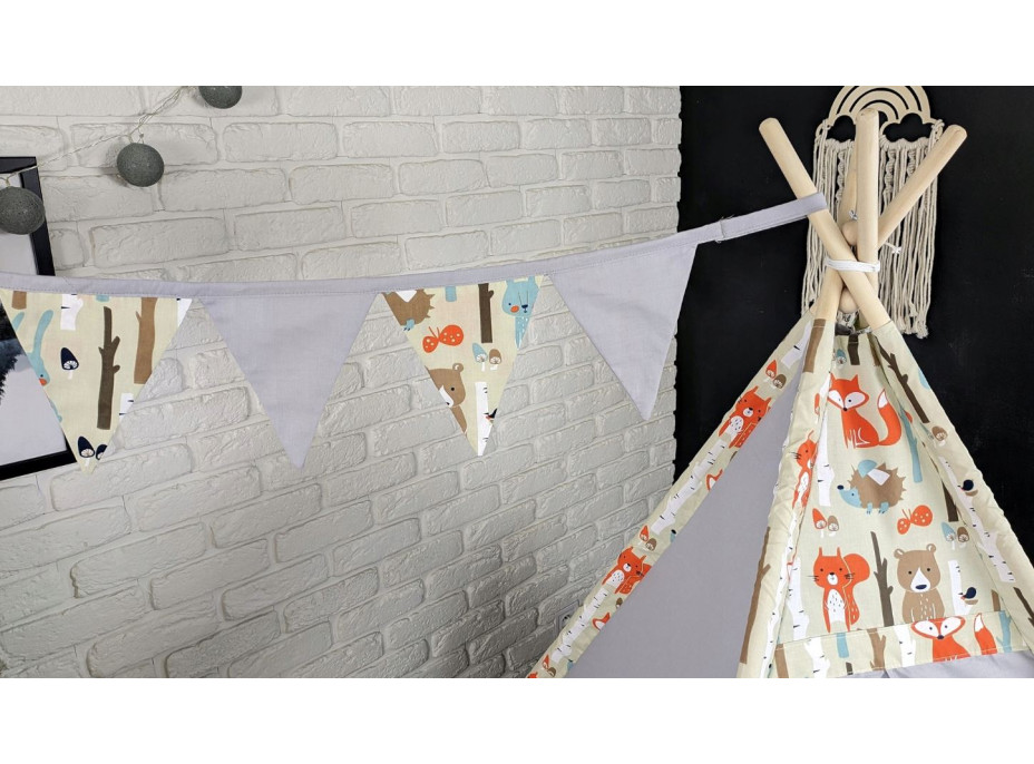 Dětský stan TEEPEE (TÝPÍ) ANIMALS s doplňky - LESNÍ ZVÍŘÁTKA - šedý/béžový