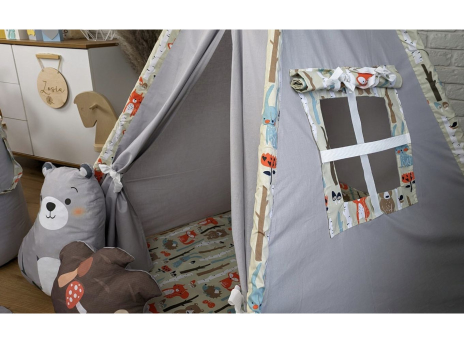 Dětský stan TEEPEE (TÝPÍ) ANIMALS s doplňky - LESNÍ ZVÍŘÁTKA - šedý/béžový