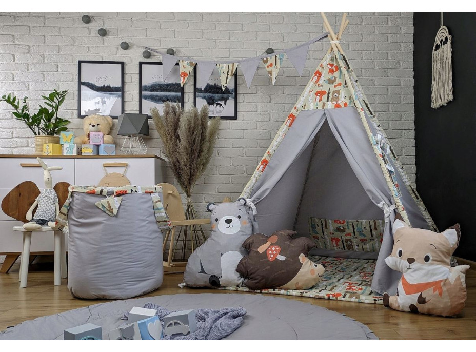 Dětský stan TEEPEE (TÝPÍ) ANIMALS s doplňky - LESNÍ ZVÍŘÁTKA - šedý/béžový