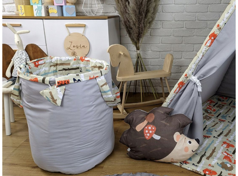 Dětský stan TEEPEE (TÝPÍ) ANIMALS s doplňky - LESNÍ ZVÍŘÁTKA - šedý/béžový