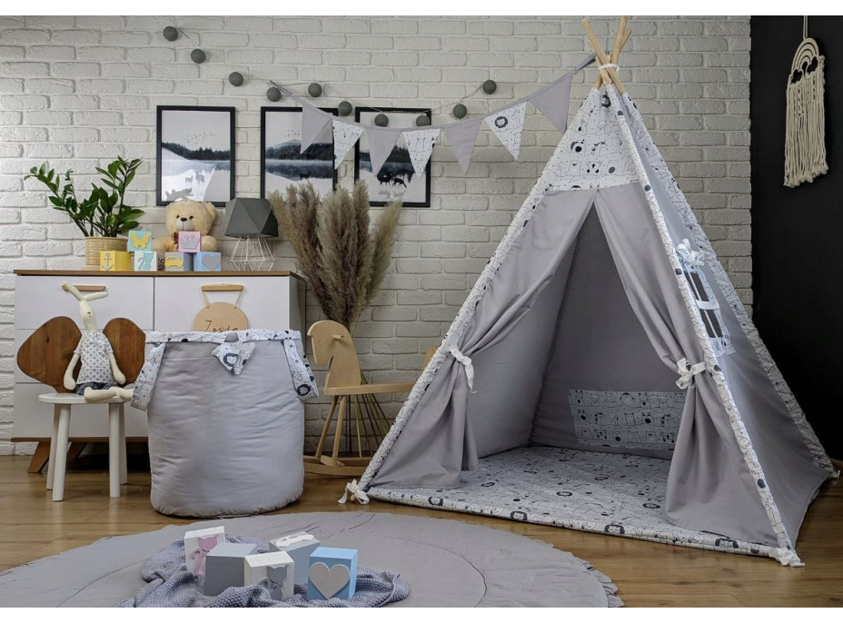 Dětský stan TEEPEE (TÝPÍ) ANIMALS s doplňky - MADAGASKAR - šedý