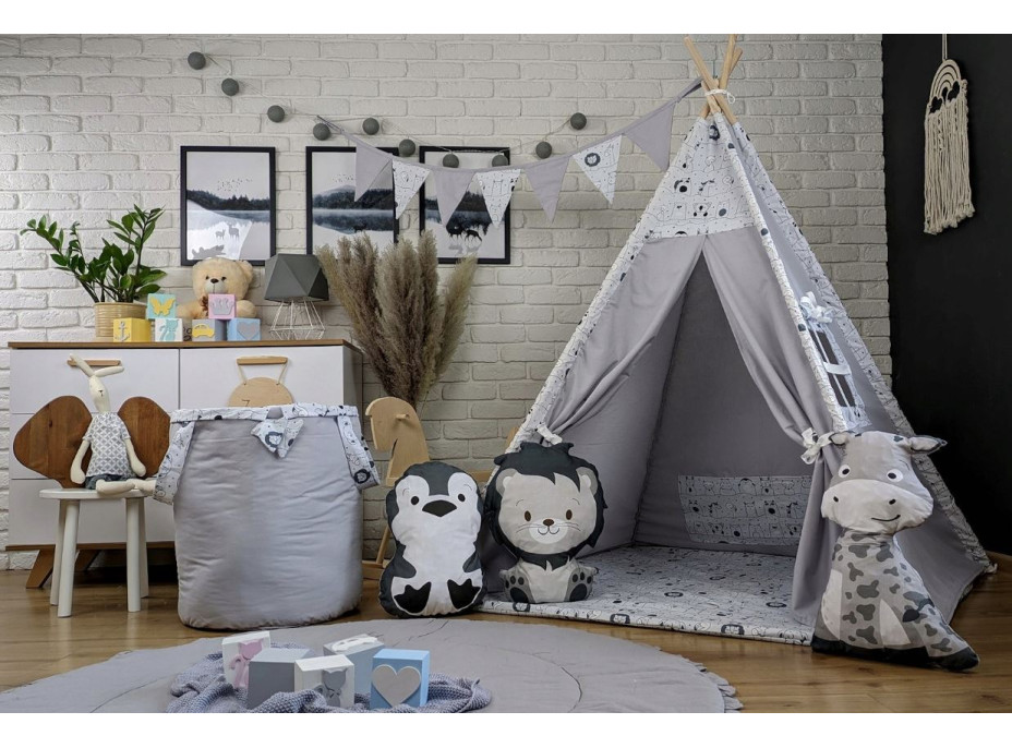 Dětský stan TEEPEE (TÝPÍ) ANIMALS s doplňky - MADAGASKAR - šedý