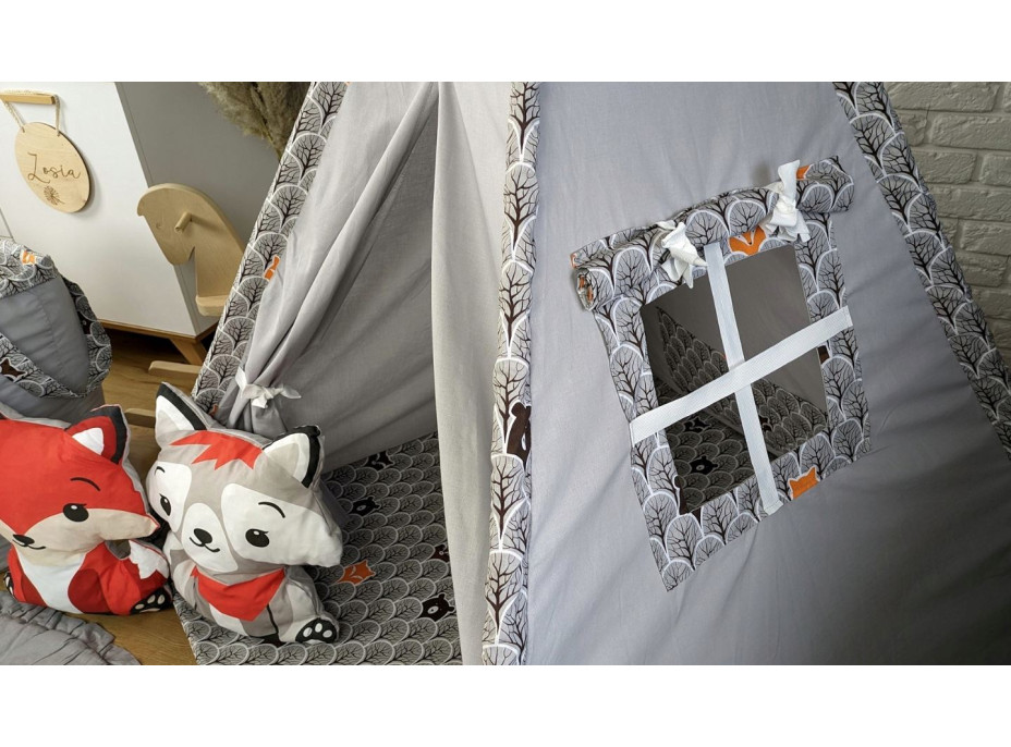 Dětský stan TEEPEE (TÝPÍ) ANIMALS s doplňky - MEDVÍDEK A KAMARÁDI - šedý