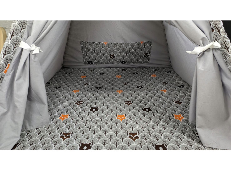 Dětský stan TEEPEE (TÝPÍ) ANIMALS s doplňky - MEDVÍDEK A KAMARÁDI - šedý