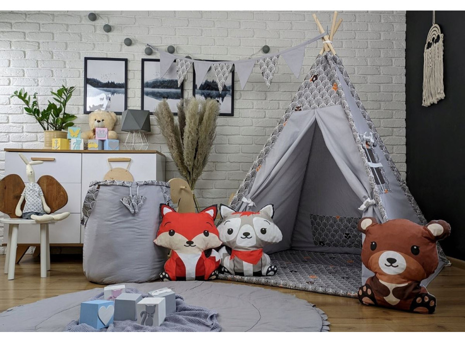 Dětský stan TEEPEE (TÝPÍ) ANIMALS s doplňky - MEDVÍDEK A KAMARÁDI - šedý