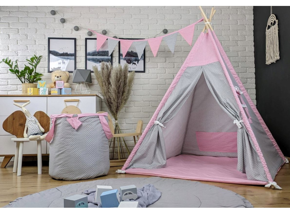 Dětský stan TEEPEE (TÝPÍ) ANIMALS s doplňky - PLAMEŇÁK A KAMARÁDI - šedý/růžový