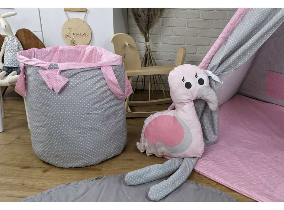 Dětský stan TEEPEE (TÝPÍ) ANIMALS s doplňky - PLAMEŇÁK A KAMARÁDI - šedý/růžový