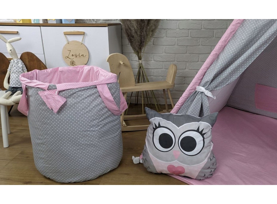Dětský stan TEEPEE (TÝPÍ) ANIMALS s doplňky - PLAMEŇÁK A KAMARÁDI - šedý/růžový
