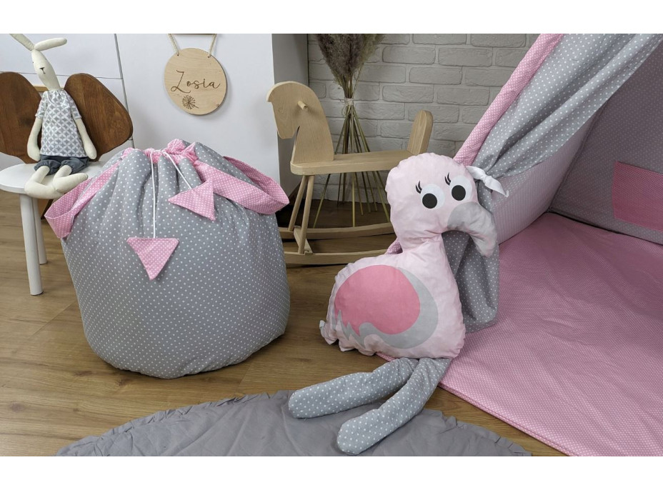 Dětský stan TEEPEE (TÝPÍ) ANIMALS s doplňky - PLAMEŇÁK A KAMARÁDI - šedý/růžový