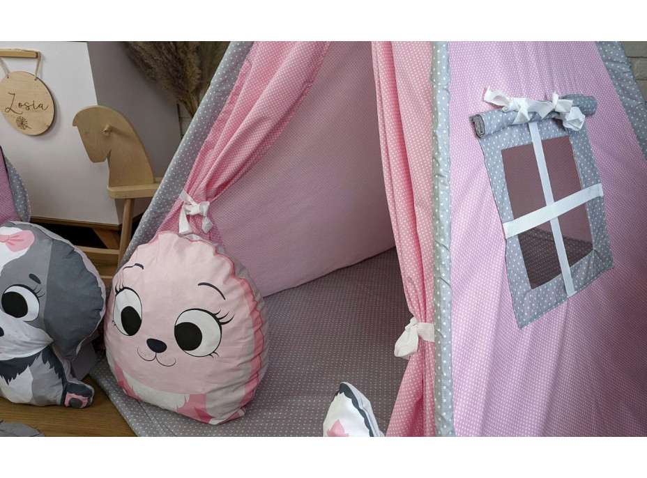 Dětský stan TEEPEE (TÝPÍ) ANIMALS s doplňky - RŮŽOVÁ PARTIČKA - růžový/šedý