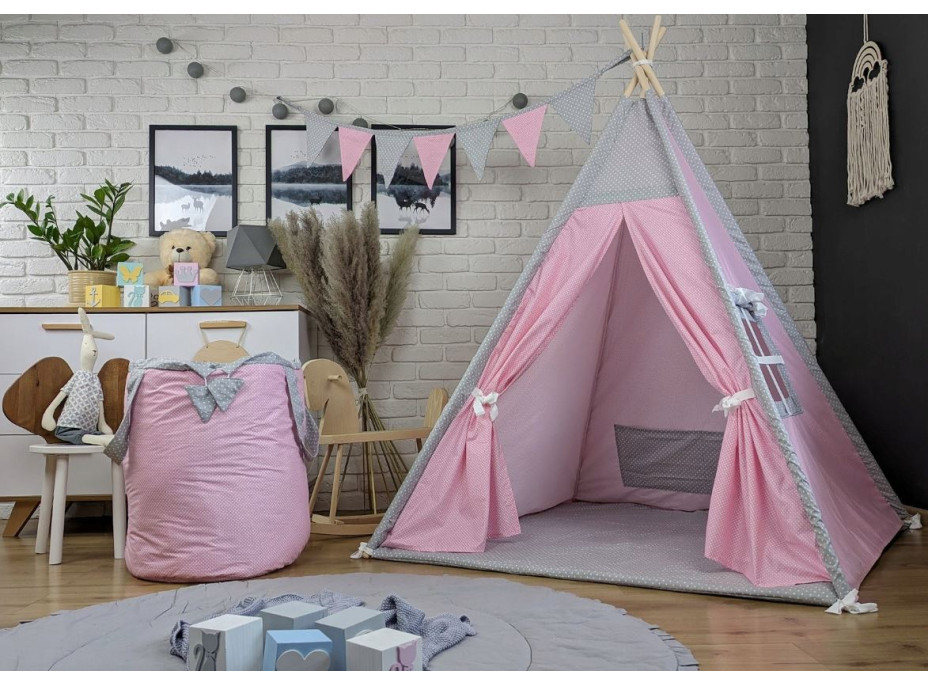 Dětský stan TEEPEE (TÝPÍ) ANIMALS s doplňky - RŮŽOVÁ PARTIČKA - růžový/šedý