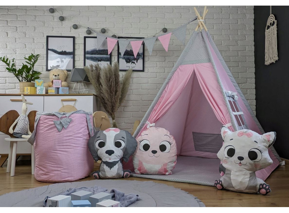 Dětský stan TEEPEE (TÝPÍ) ANIMALS s doplňky - RŮŽOVÁ PARTIČKA - růžový/šedý