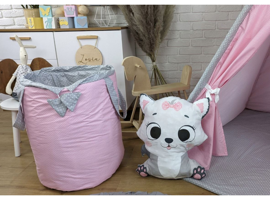Dětský stan TEEPEE (TÝPÍ) ANIMALS s doplňky - RŮŽOVÁ PARTIČKA - růžový/šedý