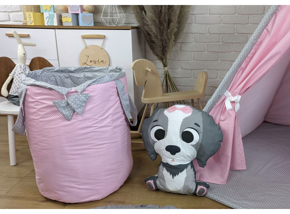 Dětský stan TEEPEE (TÝPÍ) ANIMALS s doplňky - RŮŽOVÁ PARTIČKA - růžový/šedý