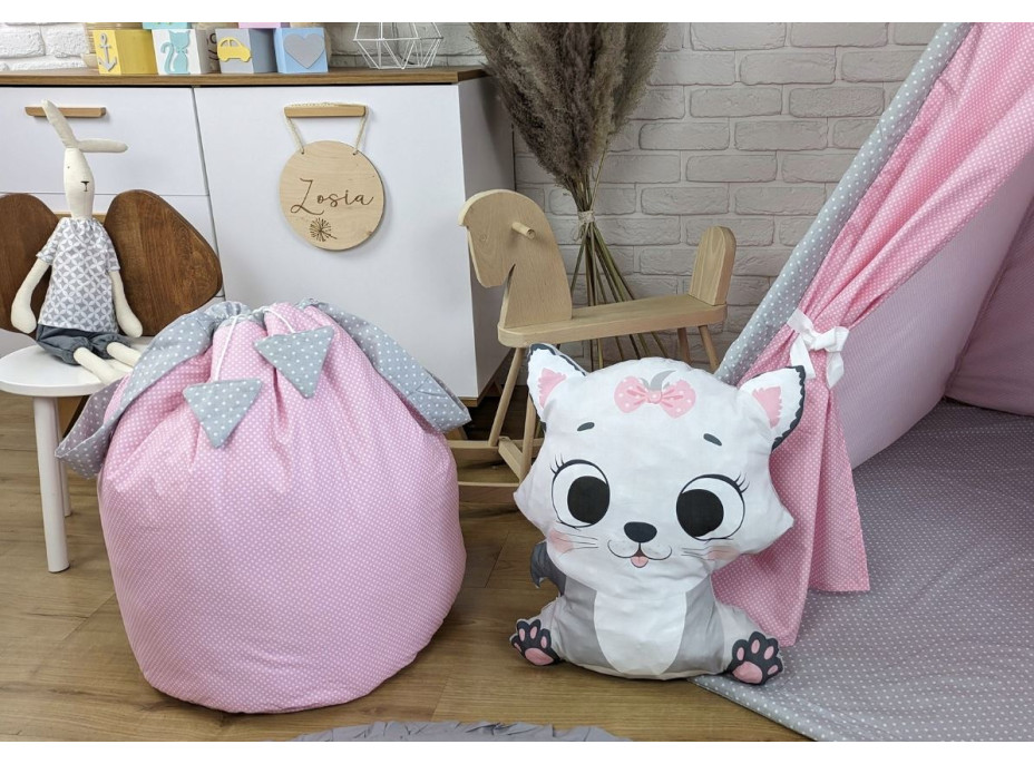 Dětský stan TEEPEE (TÝPÍ) ANIMALS s doplňky - RŮŽOVÁ PARTIČKA - růžový/šedý