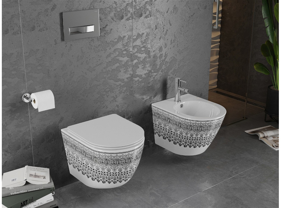 Závěsné WC MEXEN LENA RIMLESS - bílé/černé vzorované imitace kamene + Duroplast sedátko, 30224095