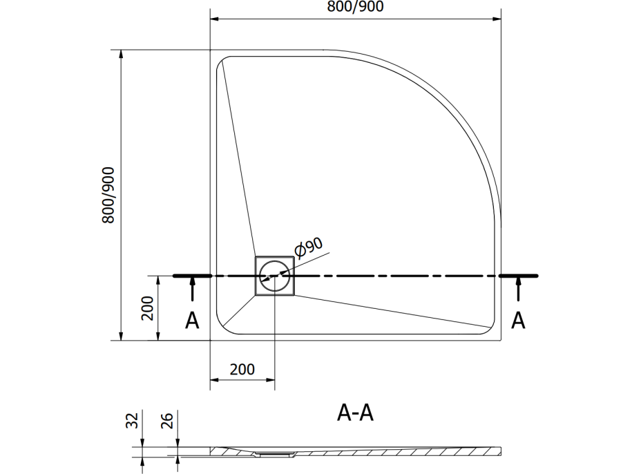 Čtvrtkruhová sprchová SMC vanička MEXEN BERT 90x90 cm - černá, 4KR709090