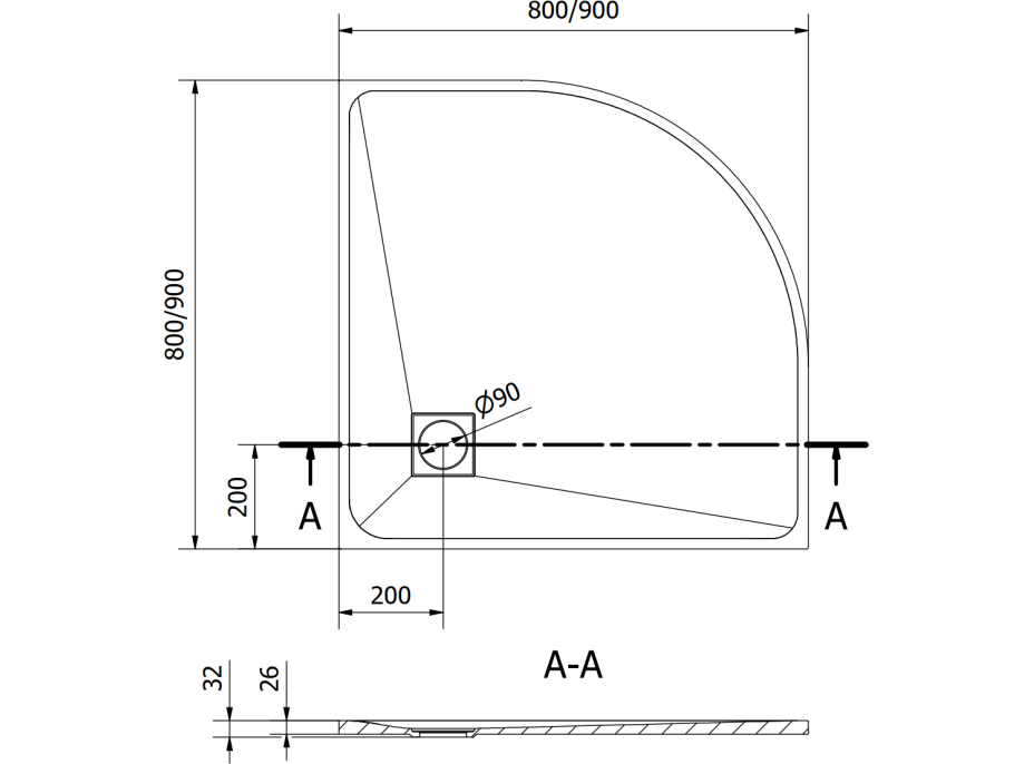 Čtvrtkruhová sprchová SMC vanička MEXEN BERT 90x90 cm - šedá, 4KR619090