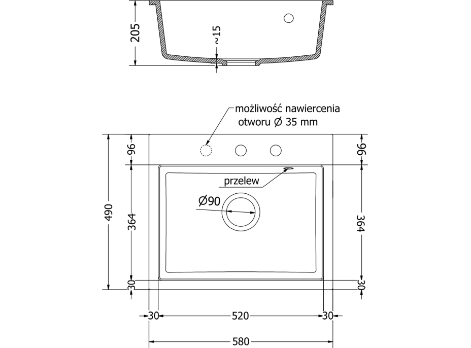 Kuchyňský granitový dřez MEXEN OSCAR - 58 x 49 cm - metalický černý/stříbrný, 6519581000-73