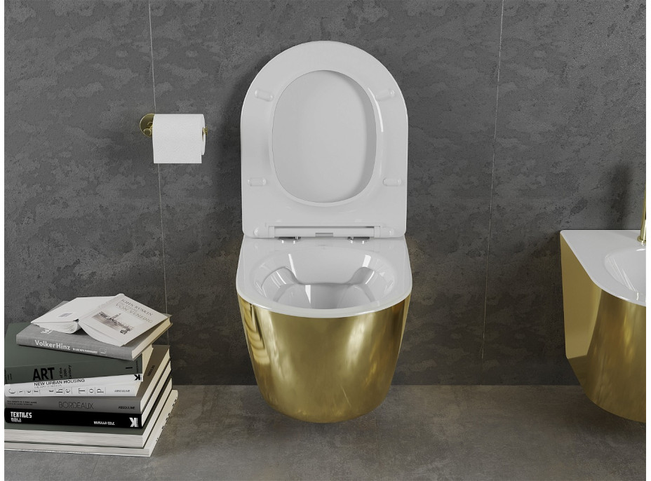 Závěsné WC MEXEN LENA RIMLESS - zlaté/bílé + Duroplast sedátko slim, 30224006
