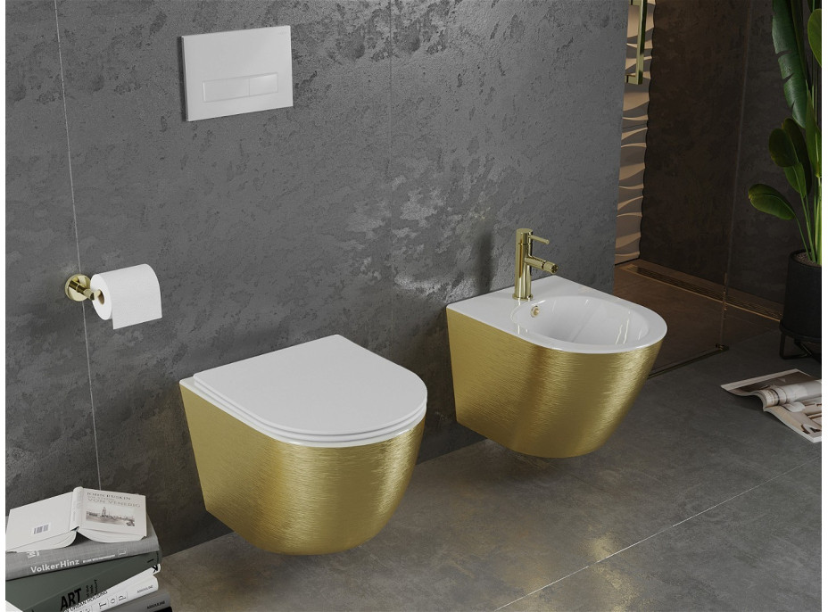 Závěsné WC MEXEN LENA RIMLESS - bílé/zlaté broušené + Duroplast sedátko slim, 30224007