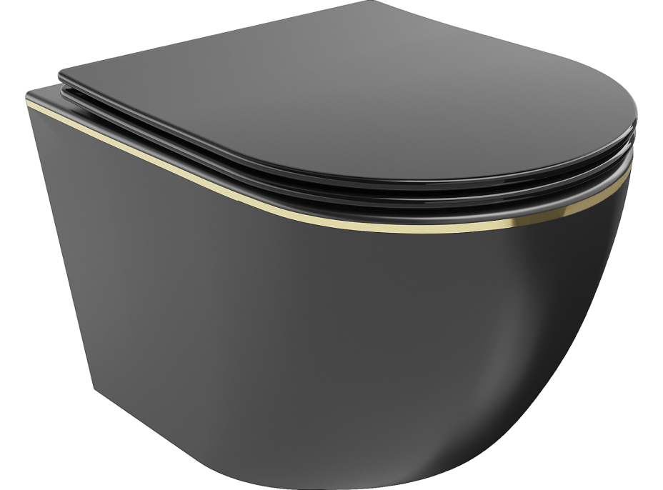 Závěsné WC MEXEN LENA RIMLE  - černé matné s zlatým okrajem + Duroplast sedátko, 30224075