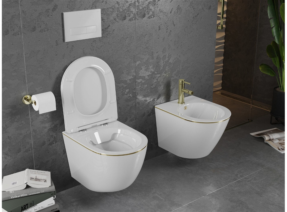Závěsné WC MEXEN LENA RIMLESS - bílé s zlatým okrajem + Duroplast sedátko, 30224005
