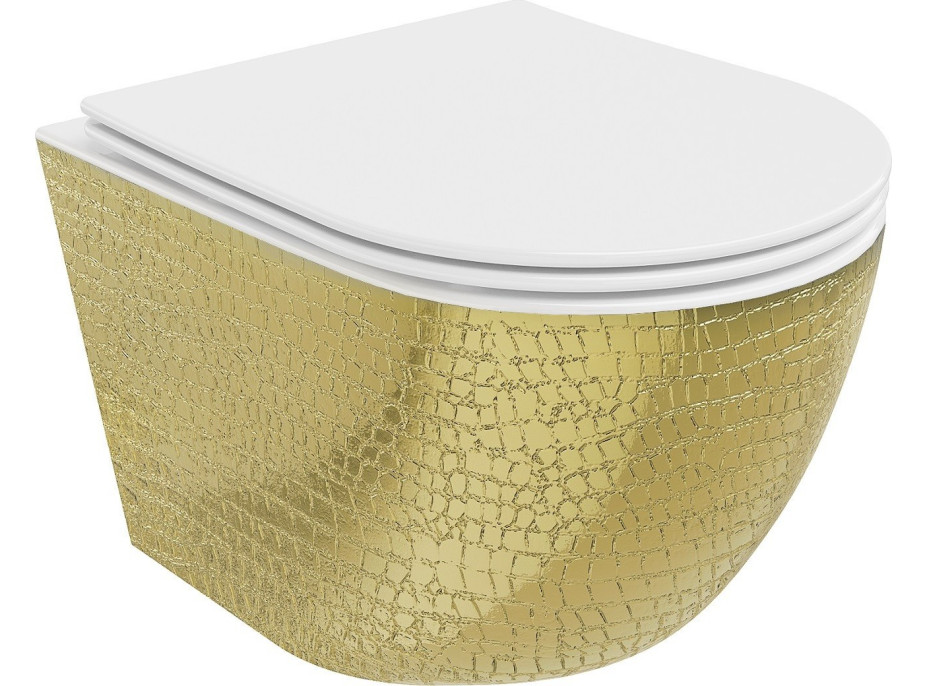 Závěsné WC MEXEN LENA RIMLESS - bílé/zlaté šupinové + Duroplast sedátko slim, 30224008
