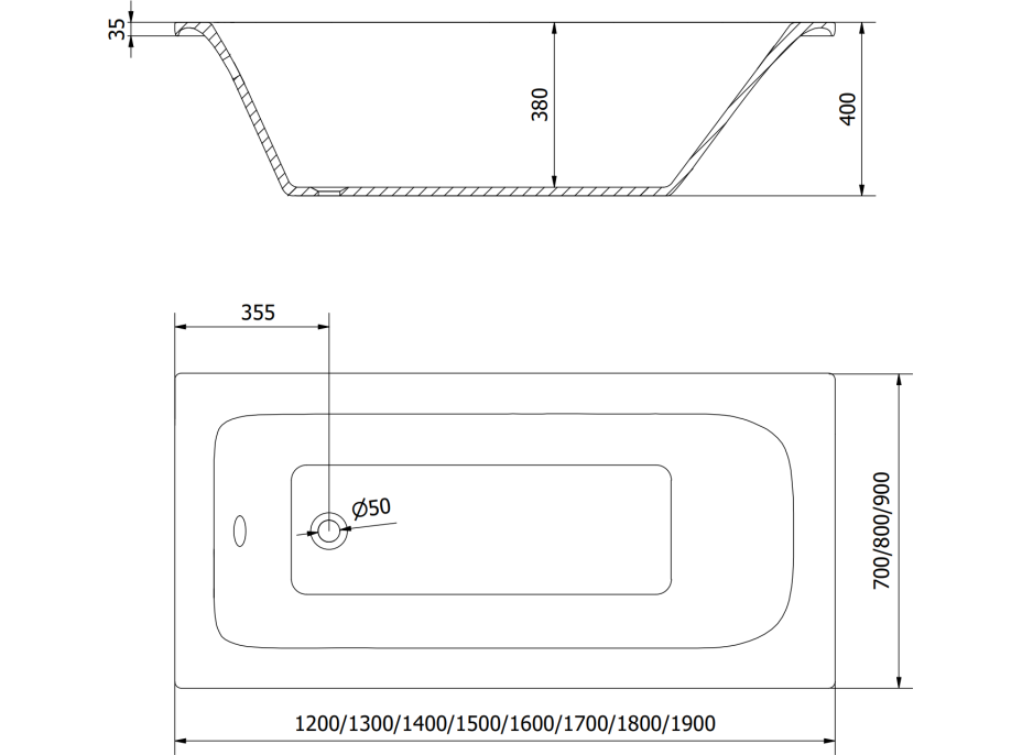 Obdélníková akrylátová vana MEXEN VEGA 180x90 cm - bílá, 55011809000