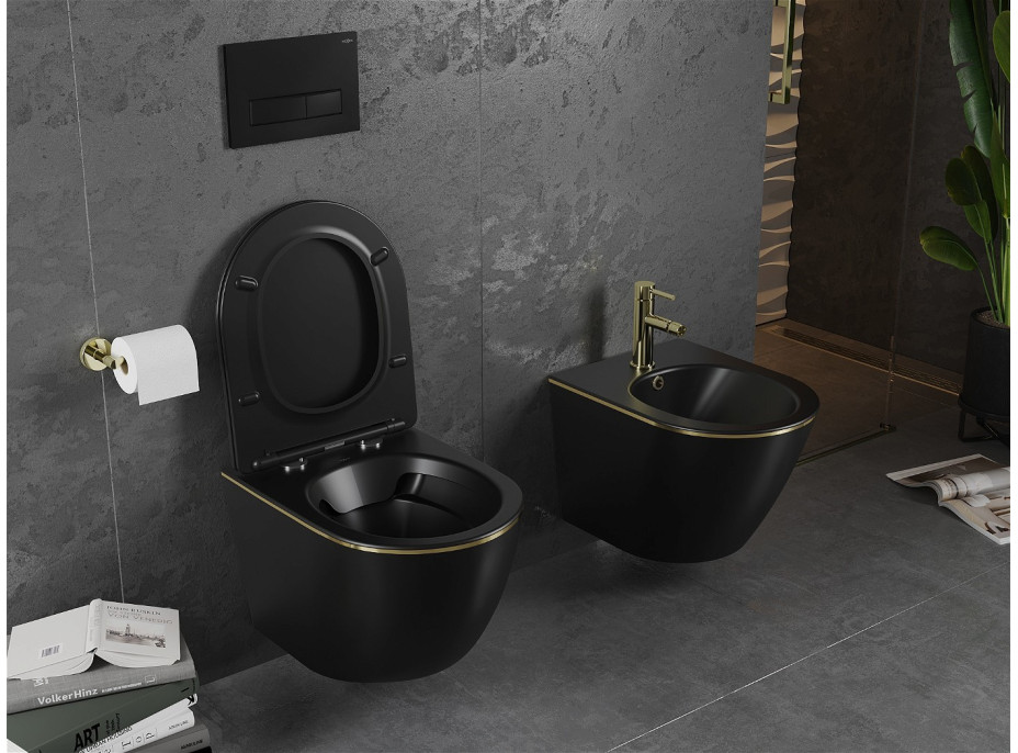 Závěsné WC MEXEN LENA RIMLESS - černé matné s zlatým okrajem + Duroplast sedátko, 30224075