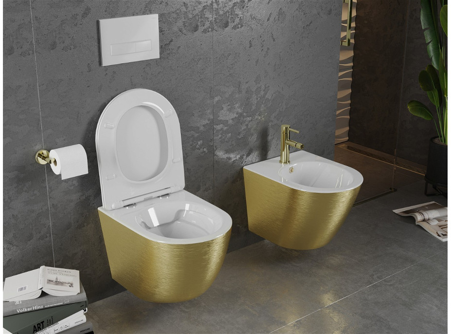 Závěsné WC MEXEN LENA RIMLESS - bílé/zlaté broušené + Duroplast sedátko slim, 30224007