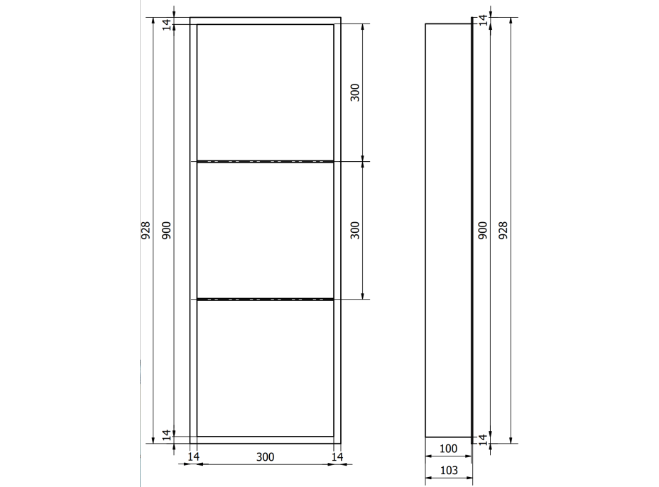 Zápustná police do zdi Mexen X-Wall-R 30x90 cm - inox, 1910903010S