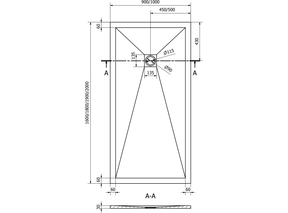 Sprchová vanička MEXEN STONE+ 90x180 cm - betonová šedá - minerální kompozit, 44619018