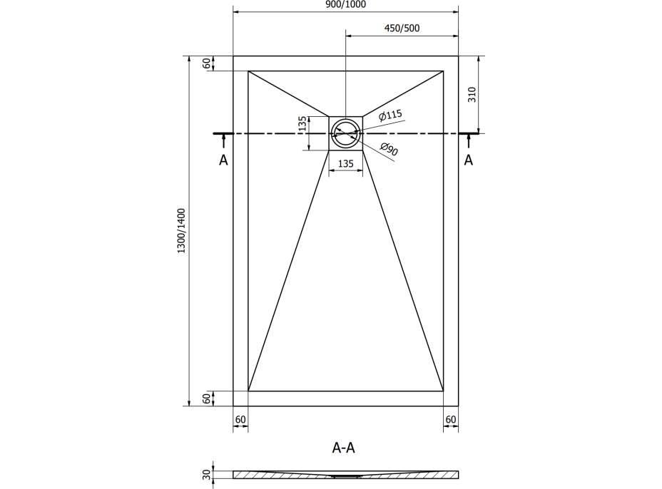 Sprchová vanička MEXEN STONE+ 90x130 cm - betonová šedá - minerální kompozit, 44619013