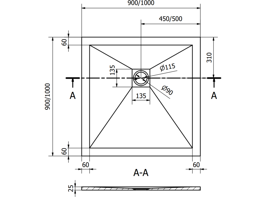 Sprchová vanička MEXEN STONE+ 90x90 cm - betonová šedá - minerální kompozit, 44619090