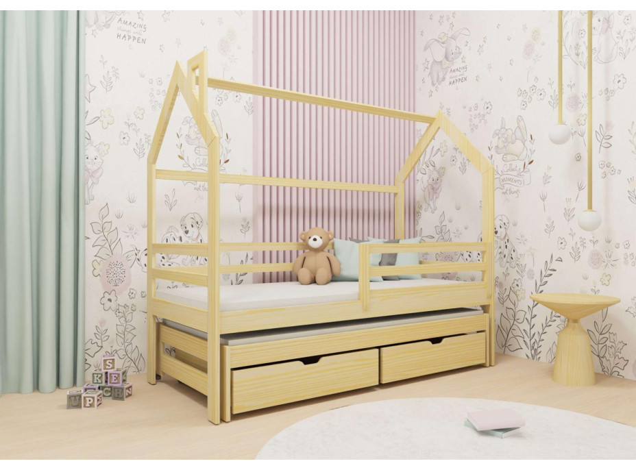 Dětská domečková postel s přistýlkou a šuplíky DAISY - 200x90 cm - přírodní borovice