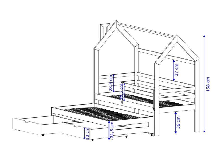 Dětská domečková postel s přistýlkou a šuplíky DAISY - 200x90 cm - přírodní borovice