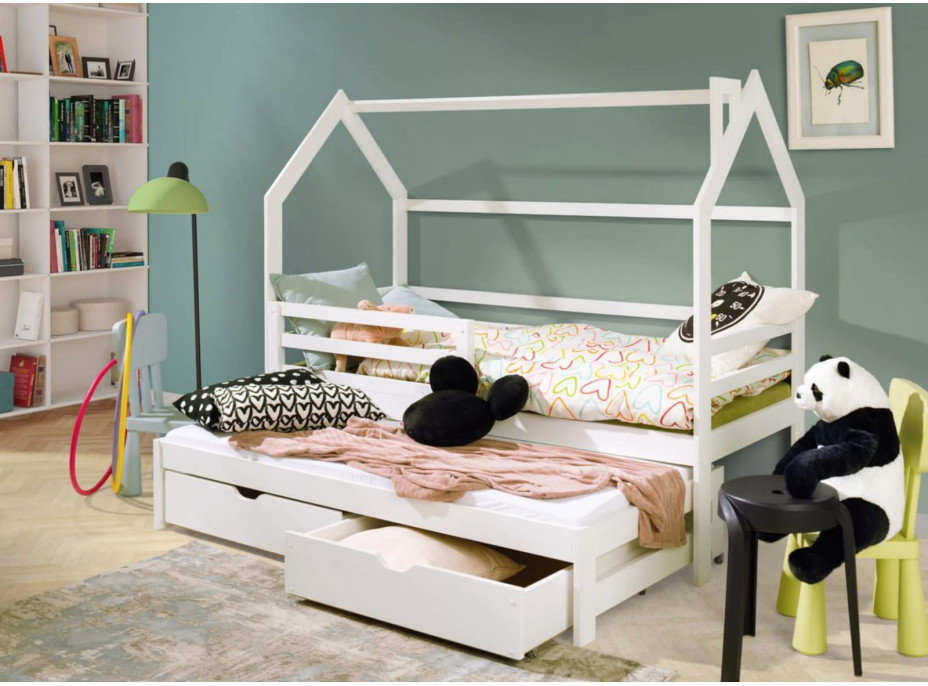 Dětská domečková postel s přistýlkou a šuplíky DAISY - 200x90 cm - přírodní borovice