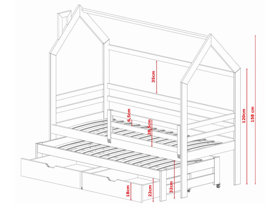 Dětská domečková postel s přistýlkou a šuplíky DAISY - 200x90 cm - přírodní borovice