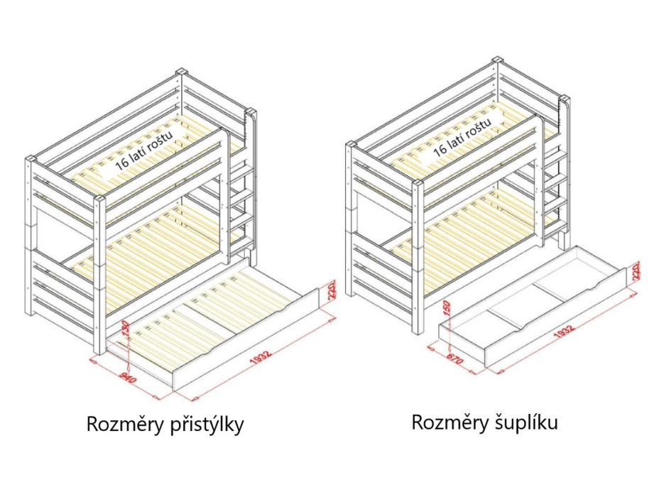 Dětská patrová postel z masivu borovice HONZA - 200x90 cm - přírodní